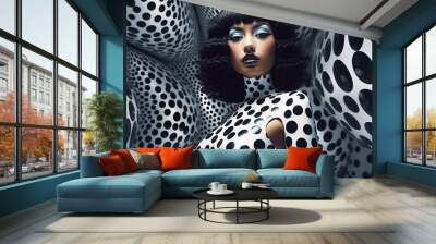 Fashion retro futuristic girl on background with future extravagant or pop art background. Surrealistic 60s-70s disco club culture life style Wall mural