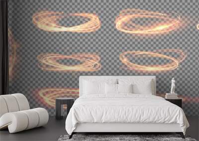 Fire light circles trails of sparkling gold glitter, vector glow flare swirls on transparent background. Abstract vector fire circles, sparkling swirls and energy light spiral frames Wall mural