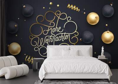 Frohe Weihnachten German Merry Christmas flourish golden calligraphy lettering of swash gold typography greeting card design. Vector golden decoration and Christmas text on holiday black background Wall mural