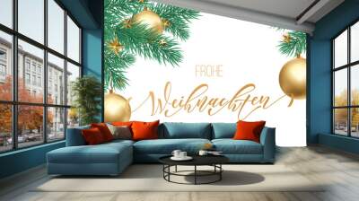 Frohe Weihnachten German Merry Christmas holiday golden hand drawn calligraphy text for greeting card of Christmas branch and decoration ornament. Vector winter season goldent font on white background Wall mural