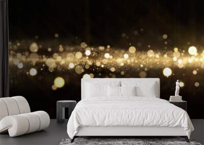 Gold glitter, light particles shine bokeh effect on black background. Shining gold sparks and glittering sparkling light glow, shimmering magic bright glitter glare Wall mural