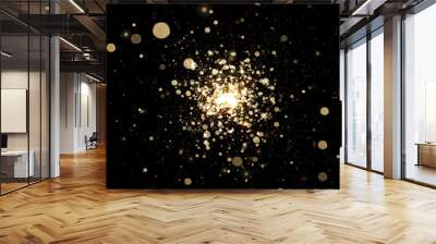 Gold particles sparkles and golden dust glowing explosion with glitter light sparks. Bright magic effect of confetti, shine for Christmas background with luxury bokeh glow and shimmer Wall mural