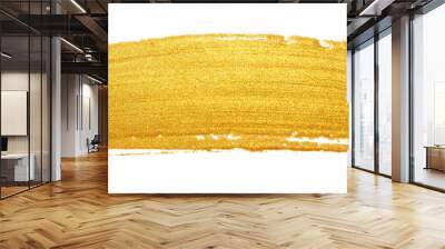 Golded paint brush stroke. Glitter gold color smear stain on white background. Gold stroke banner with glossy texture for banner, invitation, wedding or bithday card template Wall mural