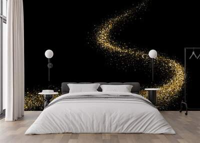 Golden glitter glare wave trail of sparkling particles in space black background. Vector abstract gold flare shine trace for Christmas or premium fashion and luxury cosmetic Wall mural