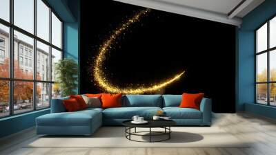 Golden glitter light tail, sparkling shine glow wave. Gold glittering magic shimmer trail, bright light sparks on black background Wall mural