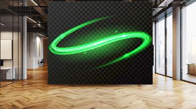 Green glow light wave of comet trail with vector shiny neon light particles twirl Wall mural