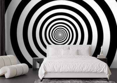 Hypnotic circles abstract vector optical illusion spiral swirl. Hypnotize circular pattern background of black and white rotating circles or psychedelic hypnosis lines in hypnotic motion Wall mural