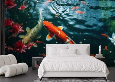 Koi fishes in pond water, background or wallpaper with Japanese carps or koi fishes by AI generative Wall mural