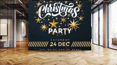 Merry Christmas Party poster. 24 December celebration banner template with text, golden twinkling stars Wall mural