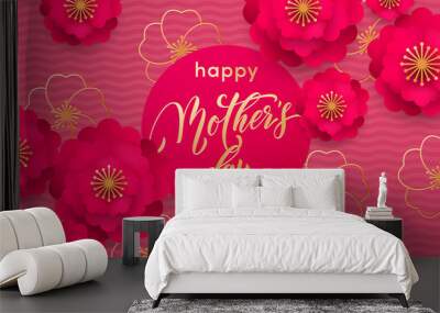 Mothers Day greeting card or red flower in gold glitter pattern poster and golden text design template for springtime seasonal Mother day holiday design Wall mural