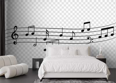 Music notes flow background. Vector music note tune art decoration for musical concert, jazz or orchestra poster Wall mural