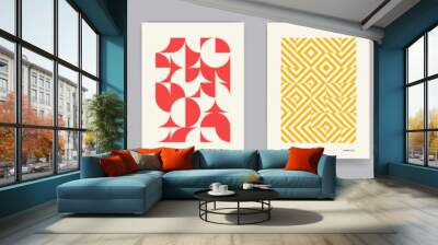 Retro geometric pattern background, vector abstract circle, triangle and square lines art. Yellow, blue, red and green color, trendy bauhaus pattern backgrounds set Wall mural