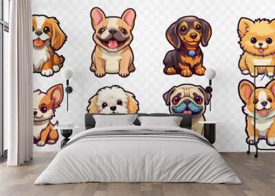 Small breed dogs stickers. Chihuahua, french Bulldog, Cavalier King Charles Spaniel, Welsh Corgi, Papillon dog portrait. Very cute generative ai illustration of toy dog. Wall mural