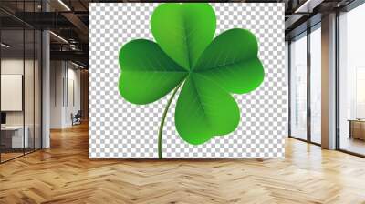 Vector four-leaf shamrock clover icon. Lucky fower-leafed symbol of Irish beer festival St Patrick's day. 3d realistic vector green grass clover isolated on transparent background Wall mural