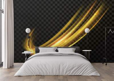 Vector light effect of gold glowing line swirl. Glittering light of fire flare trace or magic sparkles and glitter swirl trail on transparent background. Bokeh light round wave with sparkling glow Wall mural