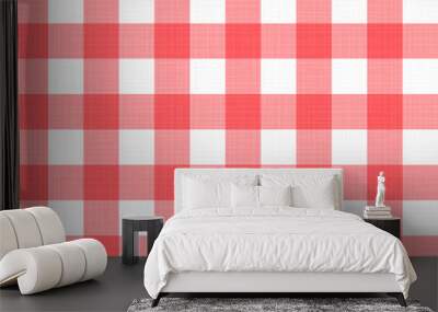 Vector linen gingham checkered blanket tablecloth. Seamless white red cloth table pattern background with natural textile texture. Retro country fabric material for holiday breakfast or dinner picnic Wall mural