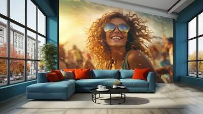 Woman at summer beach festival happy smiling. Young woman in sunglasses and people in sunlight Wall mural