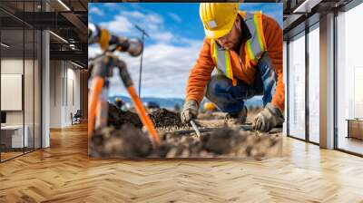 Geotechnical engineer wearing safety gear and conducting soil stability test in construction site. Wall mural