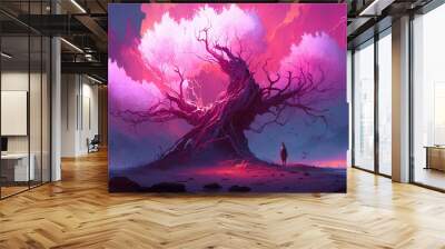 Pink Mystical yggrasil tree electric branches mystical. Generative art Wall mural