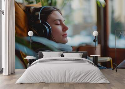 Someone smiling while wearing headphones, listening to an audiobook in a relaxed setting outdoors. Wall mural