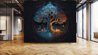 Ying yang concept of balance Yggdrasil tree of life norse mythology. Balance concept. Generative ai Wall mural