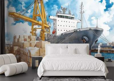 A detailed illustration of a cargo ship docked at a busy port, surrounded by stacked boxes and cranes under a bright sky. watercolor style. Wall mural