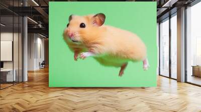 A fluffy hamster leaps in mid-air against a bright green background, showcasing its playful spirit and adorable features. Wall mural