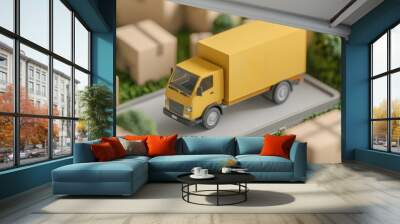 A miniature yellow delivery truck surrounded by boxes, representing logistics and efficient shipping in a vibrant setting. Wall mural