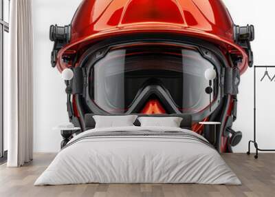 A red firefighter helmet with a clear face shield and respirator. isolated transparent background Wall mural