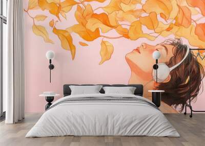 A serene illustration of a person enjoying music while surrounded by floating autumn leaves, evoking feelings of peace and nostalgia. watercolor Style. Wall mural