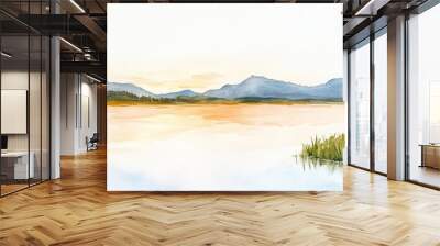 A serene landscape featuring a fisherman sitting by a tranquil lake at sunrise, surrounded by mountains and lush greenery. watercolor style. Wall mural