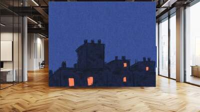 A serene night scene featuring rooftops illuminated by warm lights under a full moon in a deep blue sky. wallpaper background. Wall mural