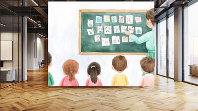 A teacher engages young students in a colorful classroom, pointing at image cards on a chalkboard, promoting interactive learning. watercolor style. Wall mural