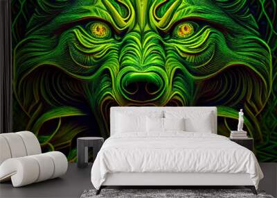 Green Horror Movie Scene with Angry Wolf - generative AI Wall mural