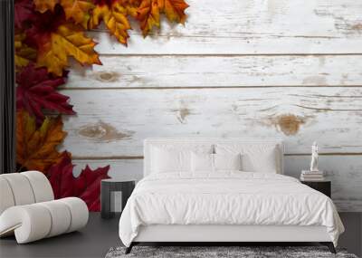 Fall and Autumn leaves on a whitewashed wood plank board Wall mural