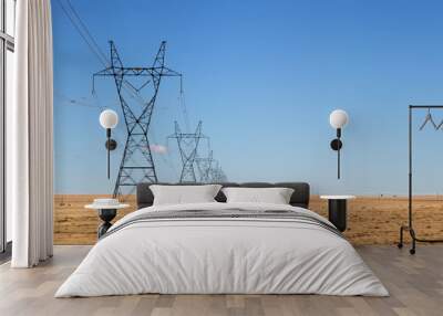 row high voltage power lines under a blue sky Wall mural