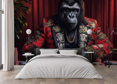 A gorilla sits at a poker table in a red suit with a gold chain around his neck Generative AI Wall mural