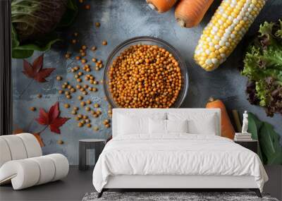 A bowl of red peas with vegetables and carrots, green lettuce, and corn cobs on a gray concrete table Wall mural