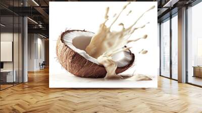 A broken coconut with cream splashing out isolated on a white background Wall mural