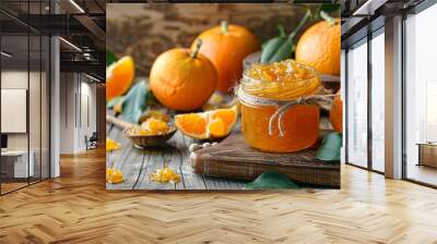 A jar of jam with a slice of orange on a wooden table Wall mural