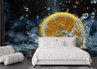 A lemon is falling into the water creating an explosion of bubbles and splash on a black background Wall mural