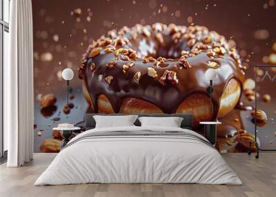 donut with chocolate glaze and nuts dripping in liquid chocolate Wall mural