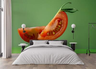 flying tomato slice on green background Wall mural