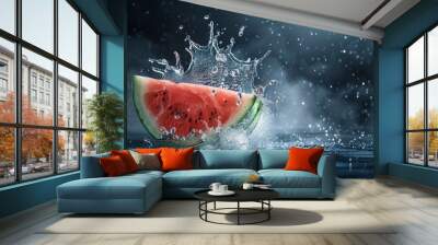 Watermelon flying in the air with splashes of water isolated on dark background Wall mural