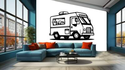 Food truck doodle line art illustration with black and white style for template. Wall mural