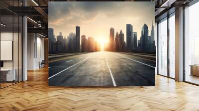 Straight asphalt road and modern city skyline with building background, illustration for product presentation template, copy space. Ai generative Wall mural