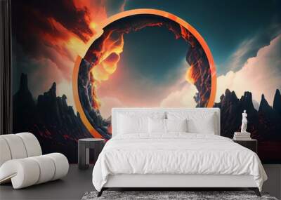 Abstract futuristic fantasy desert landscape, fiery circle, neon circle. Gloomy clouds, clouds, light circle. Sci-fi landscape of an alien planet. Unreal world. 3D illustration. Generative AI Wall mural