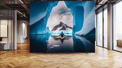 winter kayaking in antarctica against backdrop of huge iceberg. Generative AI Wall mural