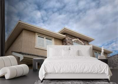 Roofline showing gutter, soffit, windows, roof and stones Wall mural