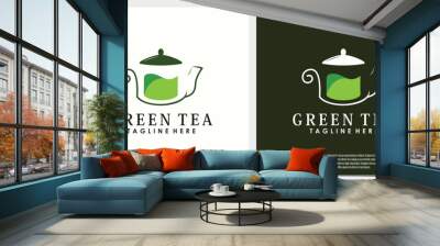 green tea logo design with leaf and teapot creative concept Wall mural